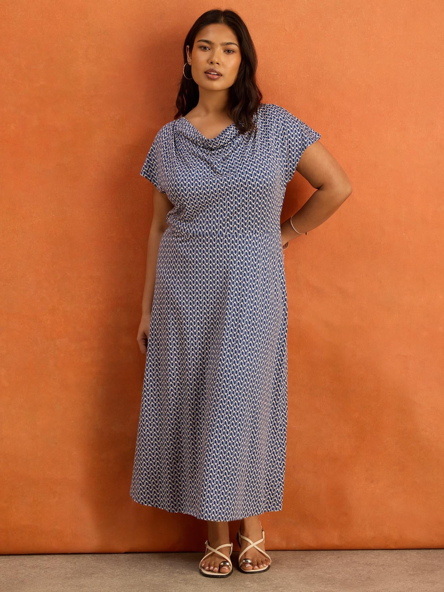 Petite Blue Geo Print Cowl Neck Jersey Midaxi Dress - Image 3