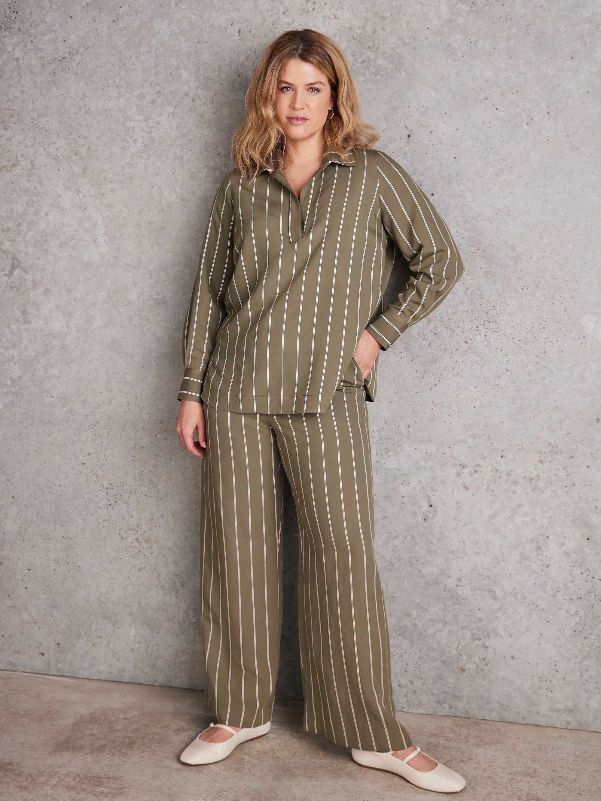 Petite Khaki Striped Wide Leg Belted Trouser - Image 3