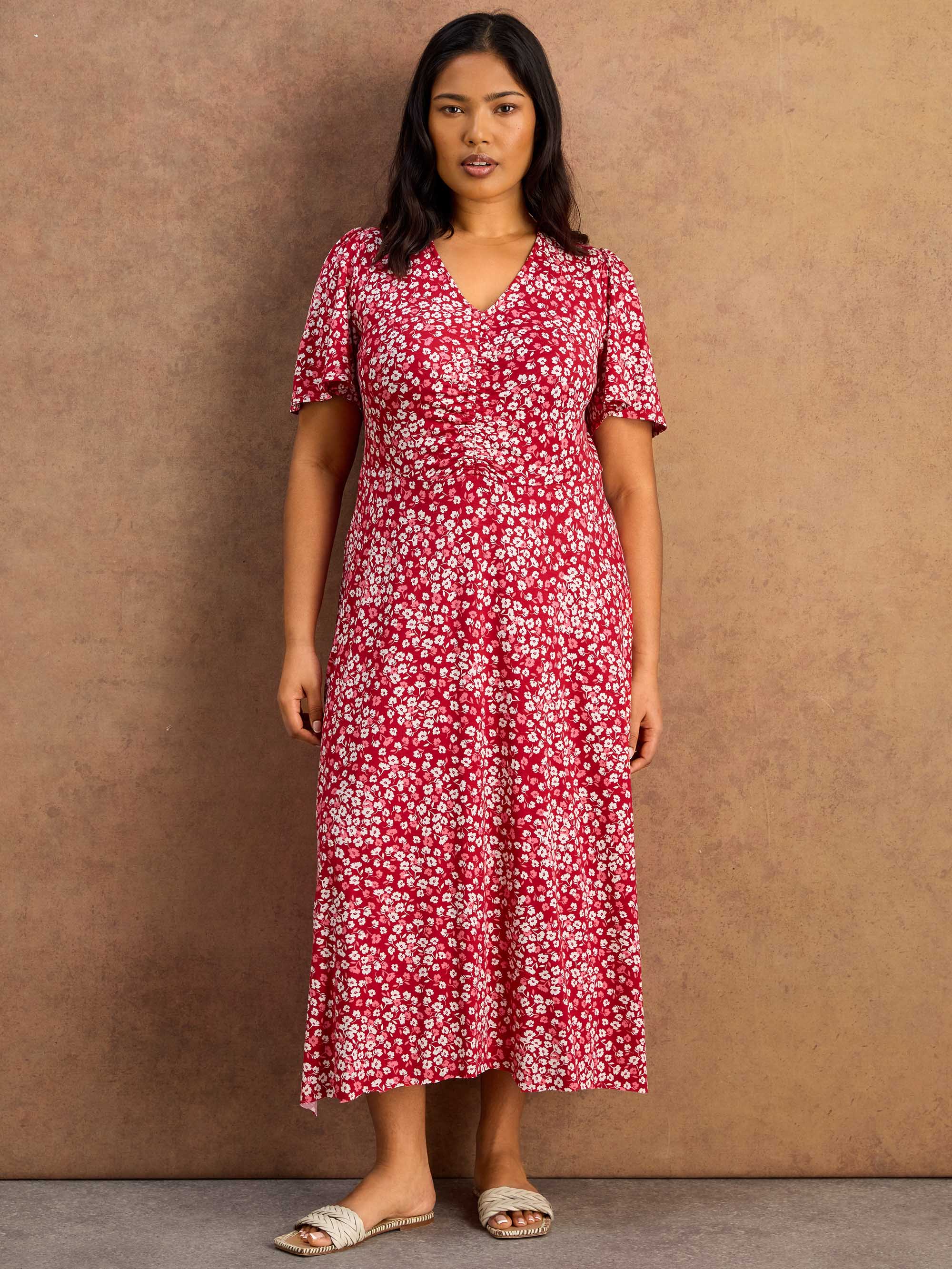Red Ditsy Print Jersey Ruched Short Sleeve Dress - Image 4