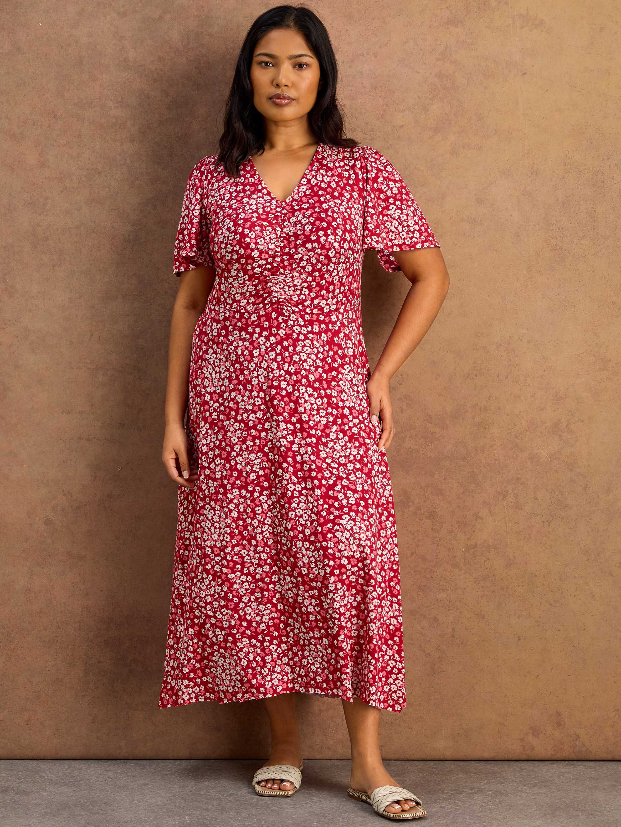 Red Ditsy Print Jersey Ruched Short Sleeve Dress - Image 3